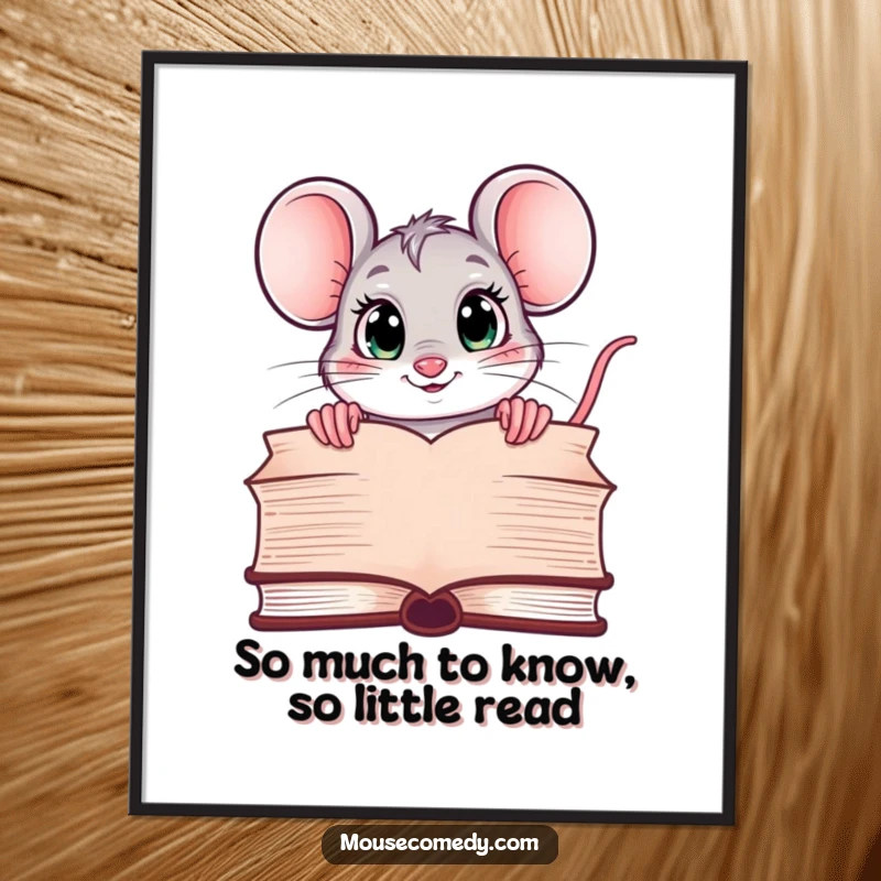 Funny Free Printable Wall Art: Cute kawaii mouse with huge curious eyes peeking over a large book.