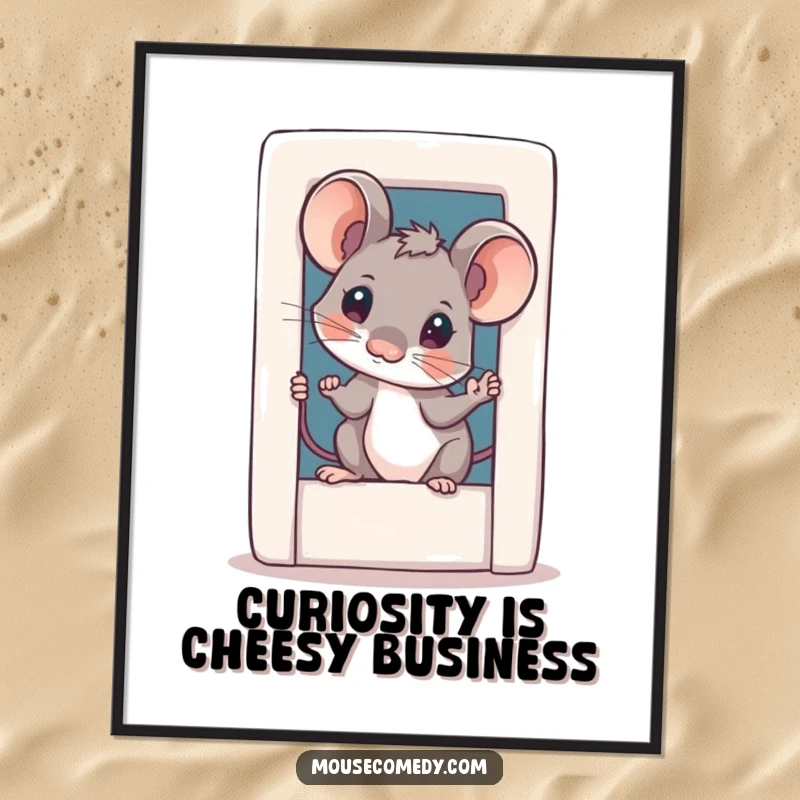 Funny Free Printable Wall Art: A curious mouse with a tilted head peeking from a tiny door, adding whimsy to decor.