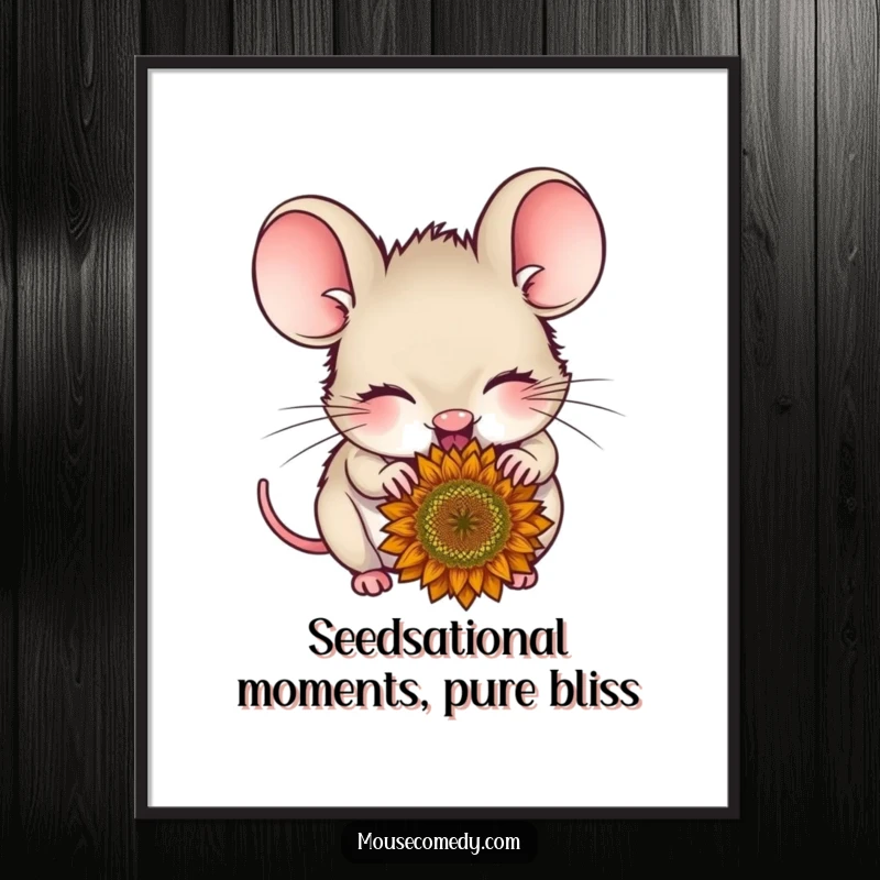 Funny Free Printable Wall Art: A delighted mouse with closed eyes nibbling on a sunflower seed, radiating pure joy.