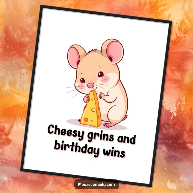 Funny Free Printable wall art of a cute kawaii mouse intensely focused on balancing a tiny speck of cheese on its nose.
