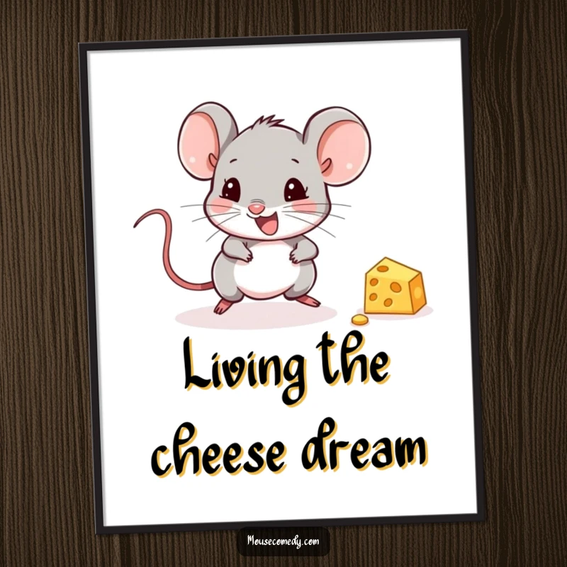 Funny Free Printable Wall Art: A tiny mouse joyfully chases a small piece of cheese across the floor.