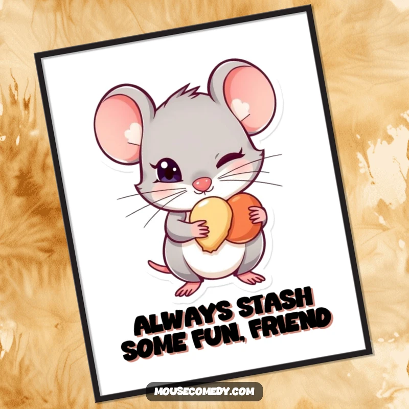 Funny free printable wall art: A mouse with a mischievous glint in its eye is hiding a tiny treat.
