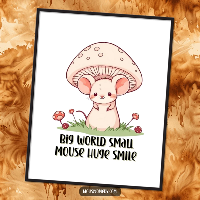 Funny Free Printable Wall Art of a timid mouse with a sweet smile hiding playfully behind an oversized, colorful mushroom.