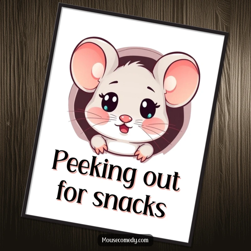 Funny Free Printable Wall Art: Kawaii mouse with a surprised expression, peeking from a tiny hole, adding a touch of playful curiosity.