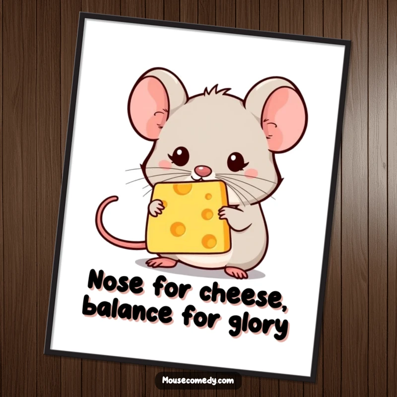 Funny free printable wall art of a kawaii mouse attempting the delicate feat of balancing a speck of cheese on its nose.