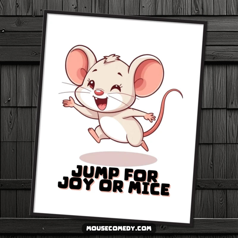 Funny Free Printable Wall Art: An energetic mouse cub performs a clumsy, enthusiastic leap. Dynamic downloadable decor.