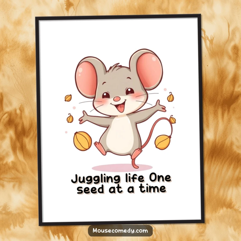 Funny Free Printable Wall Art: A happy mouse gleefully juggles tiny seeds, bringing joy and humor to any room. Quirky downloadable decor.