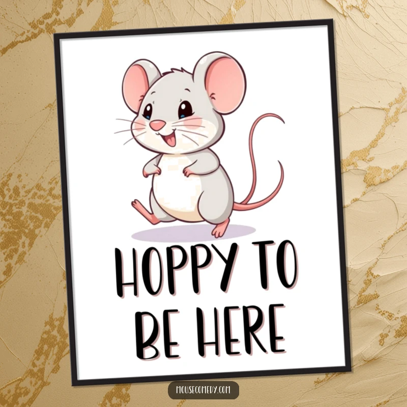 Funny Free Printable Wall Art: A small, happy mouse is captured mid-hop with its tail wagging in a cheerful artwork.