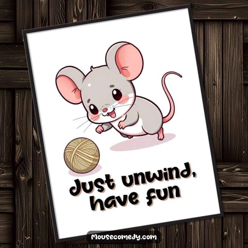 Funny Free Printable Wall Art: A kawaii mouse playfully chasing a rolling ball of string, bringing fun to your decor.