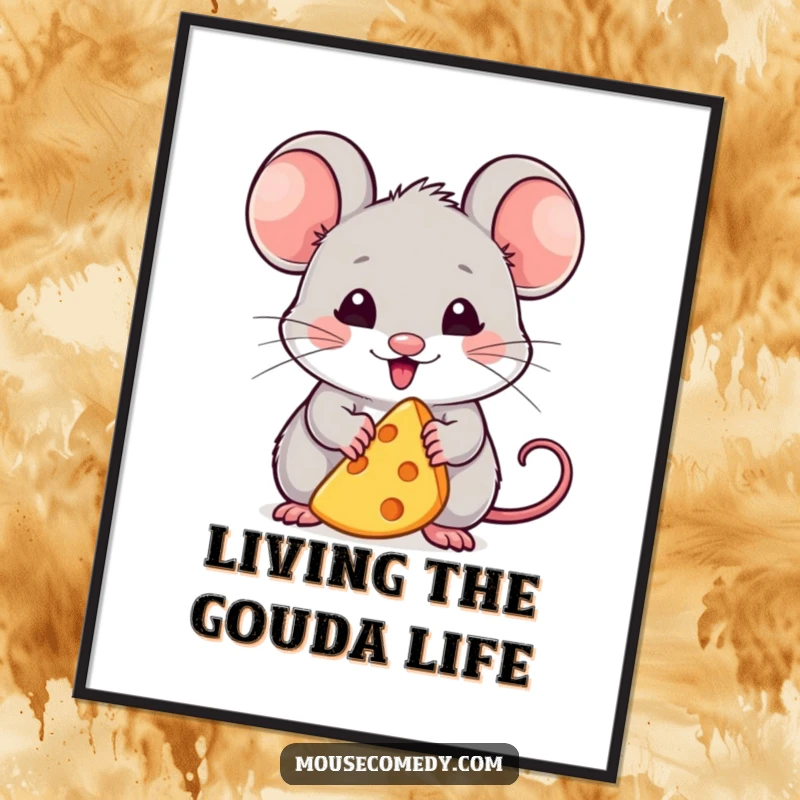 Funny Free Printable Wall Art: Adorable kawaii mouse with big ears holding a small wedge of cheese.