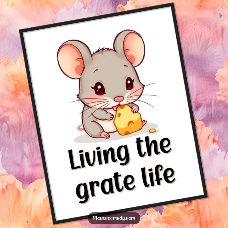 Funny Free Printable Wall Art: A cute mouse blissfully nibbling a tiny piece of delicious cheese, perfect for your wall.