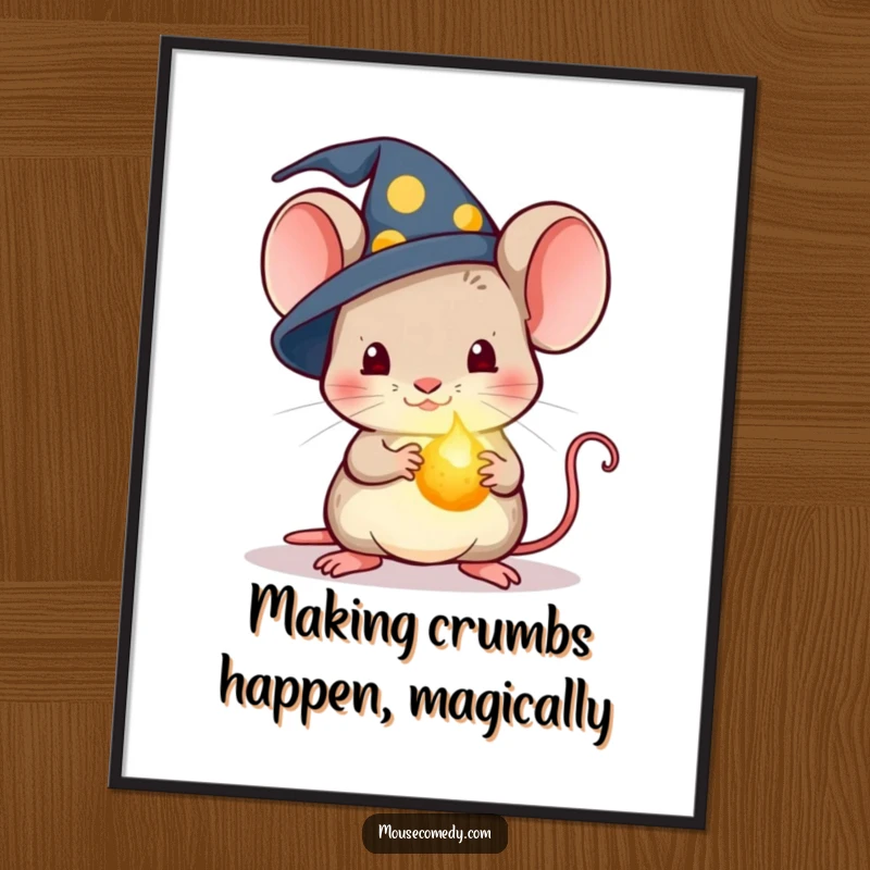 Funny Free Printable Wall Art: Kawaii mouse wearing a tiny wizard hat, holding a glowing crumb, adding a touch of magic to the room.