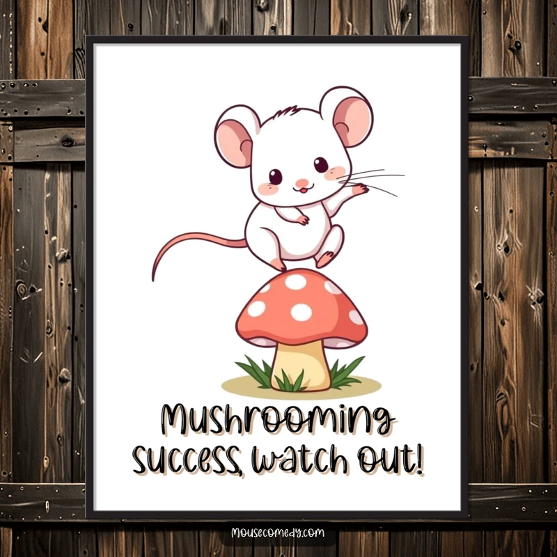 Funny free printable wall art: A cute kawaii mouse playfully jumping high over a small, stylized mushroom. So whimsical!