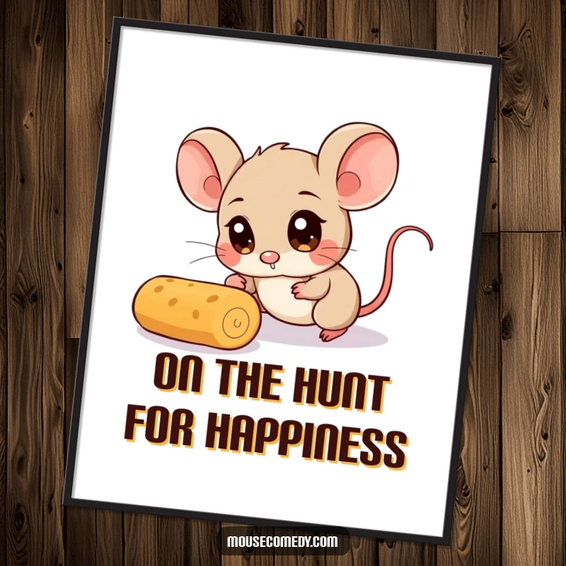 Funny Free Printable Wall Art: A determined mouse with wide eyes races after a runaway crumb. Charming downloadable decor.