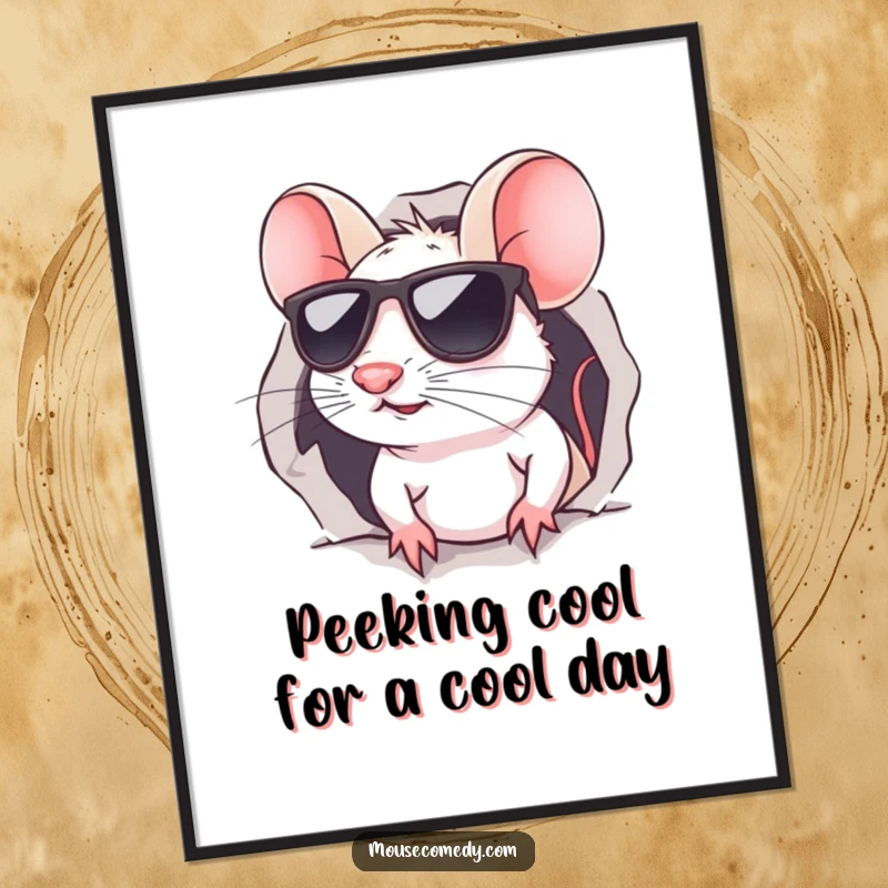 Funny Free Printable wall art of a kawaii mouse sporting cool sunglasses and peeking from a tiny hole with swagger.