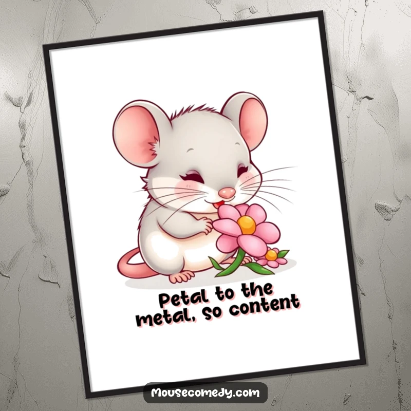 Funny Free Printable Wall Art: A content mouse serenely nibbling on a tiny, colorful flower petal, radiating peace.