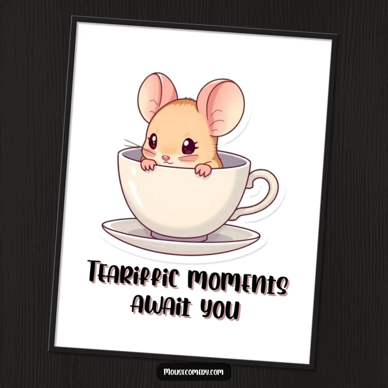 Funny free printable wall art: A kawaii mouse peeking shyly from inside a tiny, delicate teacup. Adorable!