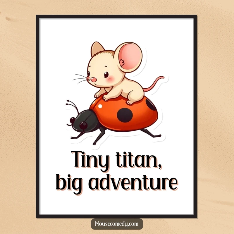 Funny Free Printable Wall Art: A tiny mouse happily riding on the back of a colorful ladybug in nature.