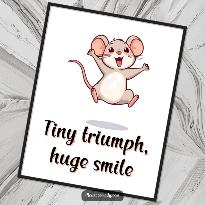 Funny Free Printable Wall Art: A small mouse in mid-air, leaping with excitement and a high-held tail.