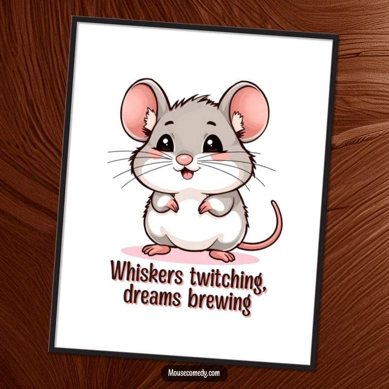 Funny free printable wall art depicting a mouse with incredibly excited whiskers sniffing the air, seeking adventure.
