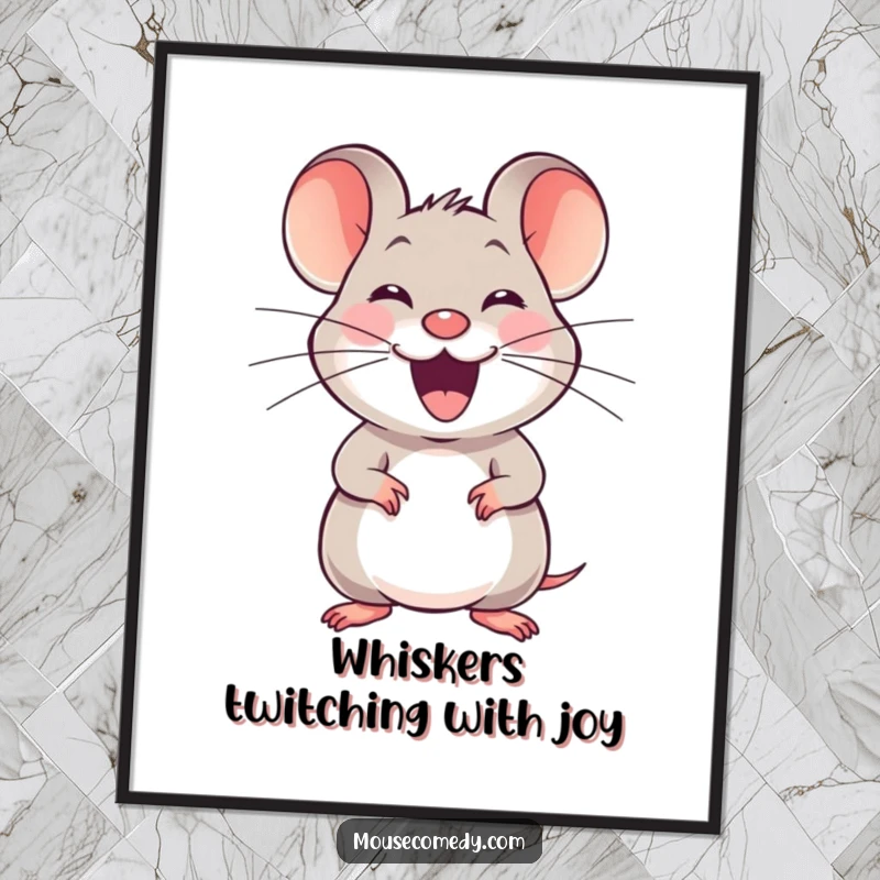 Funny Free Printable Wall Art: A joyful mouse with a happy squeak stretching its whiskers, radiating pure happiness.