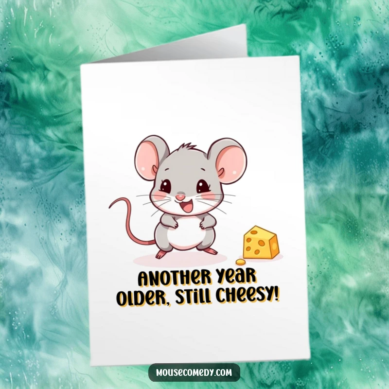 Funny Free Printable Birthday Card: Cute mouse happily chases a tiny cheese piece, pure joy and delight.