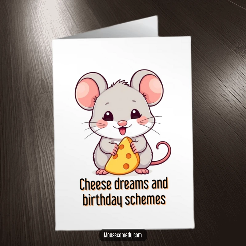Funny Free Printable Birthday Card: Cheerful kawaii mouse holding a tiny cheese wedge, beaming with joy.