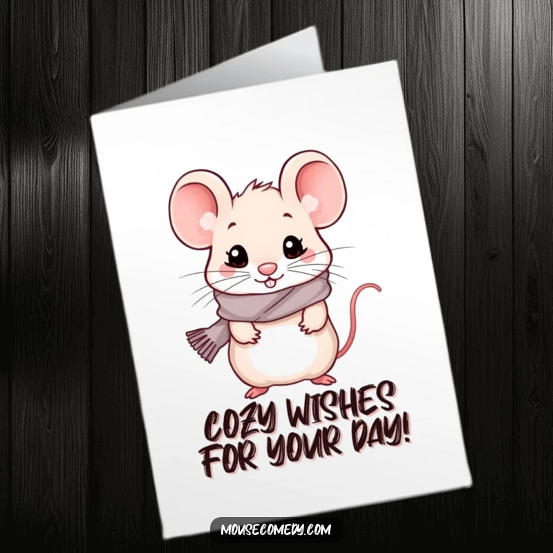 Funny free printable birthday card: A kawaii mouse in a tiny scarf, looking cold but beaming happily. So sweet!
