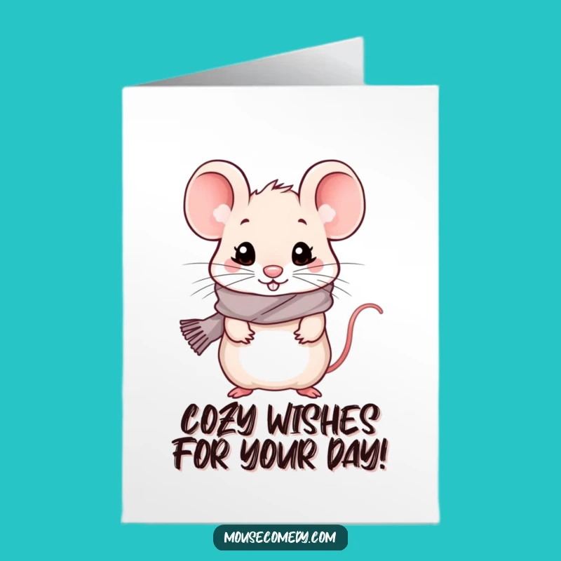 Free Printable Kawaii Mouse Birthday Card - Cozy Scarf, Warm Wishes!