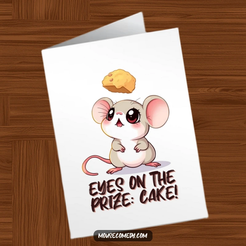 Funny Free Printable Birthday Card: A mouse with huge eyes looks up hopefully at a delicious crumb for a birthday.