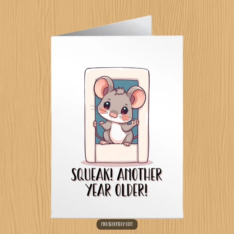 Funny Free Printable Birthday Card: Curious mouse peeking from a tiny door, tilting its head in wonder.