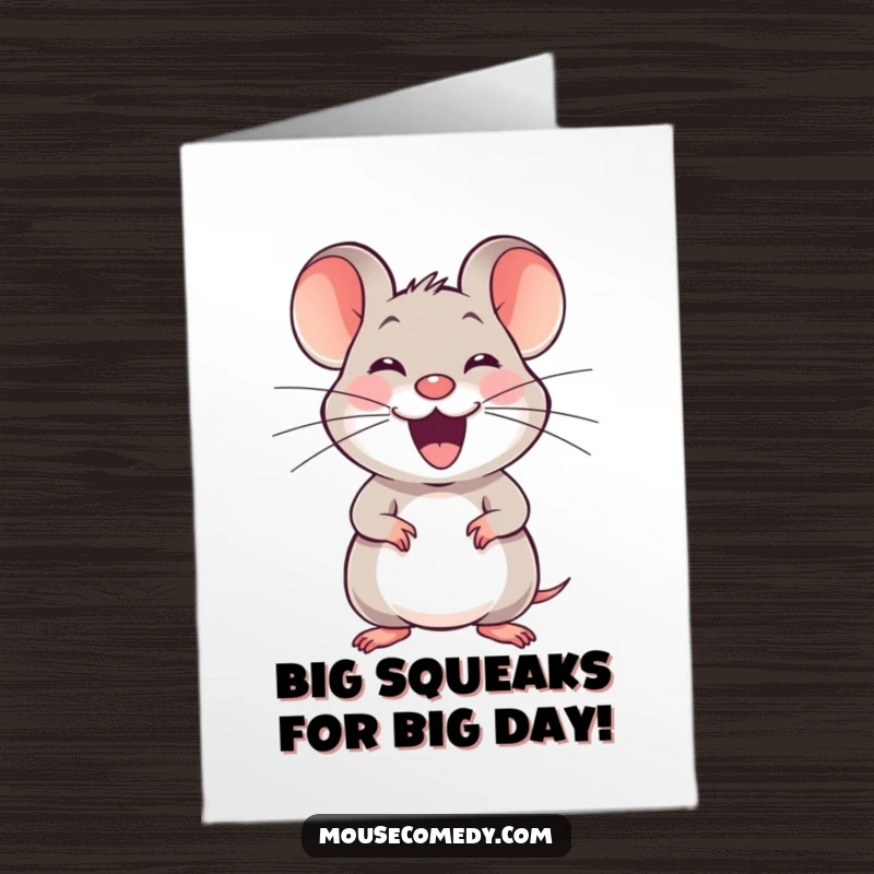 Funny Free Printable Birthday Card: A joyful mouse with a happy squeak stretching its whiskers in celebration.