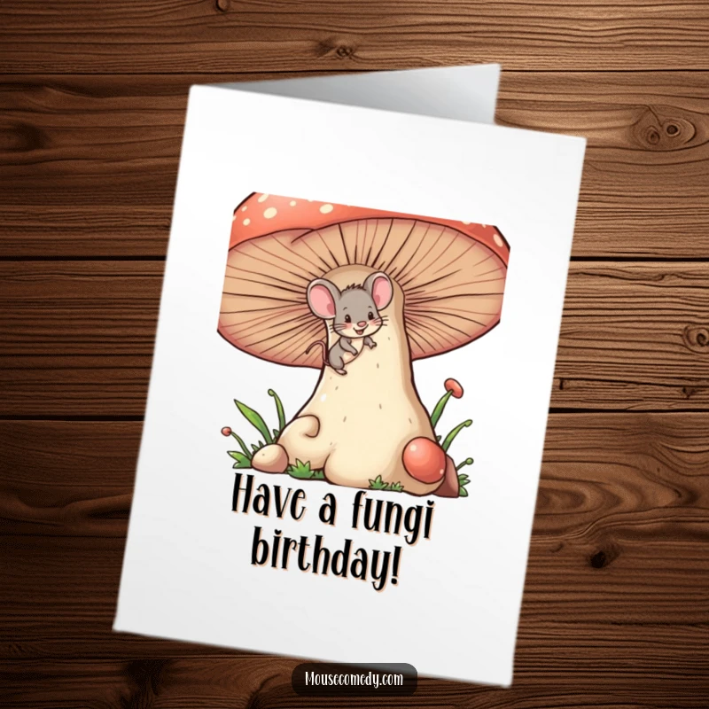 Funny Free Printable Birthday Card: Tiny mouse with a mischievous wink climbing a giant mushroom, ready for fun.