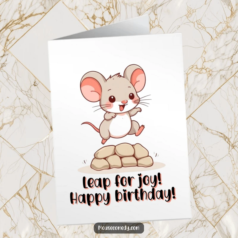 Funny Free Printable Birthday Card: A playful mouse leaps energetically over a small obstacle with flair.