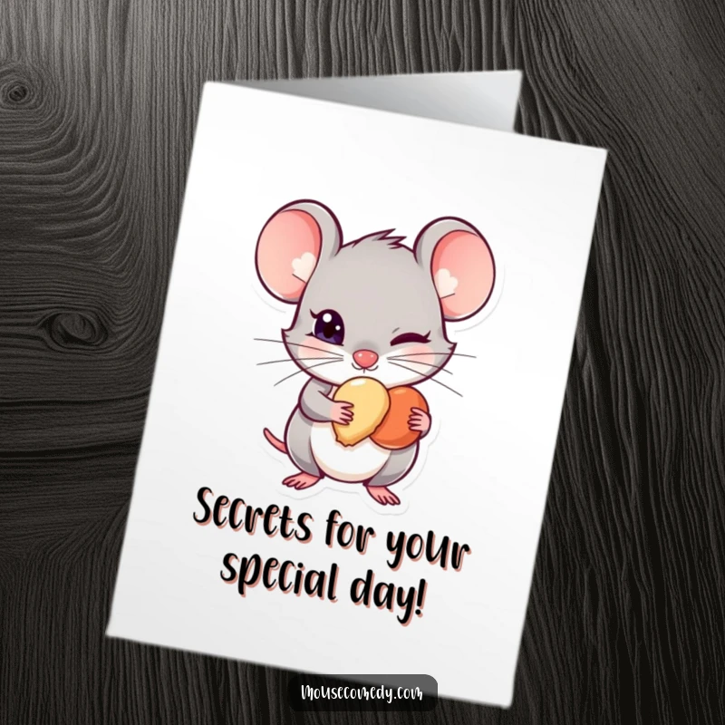 Funny free printable birthday card: A mouse with a mischievous glint hides a tiny treat, plotting birthday fun.