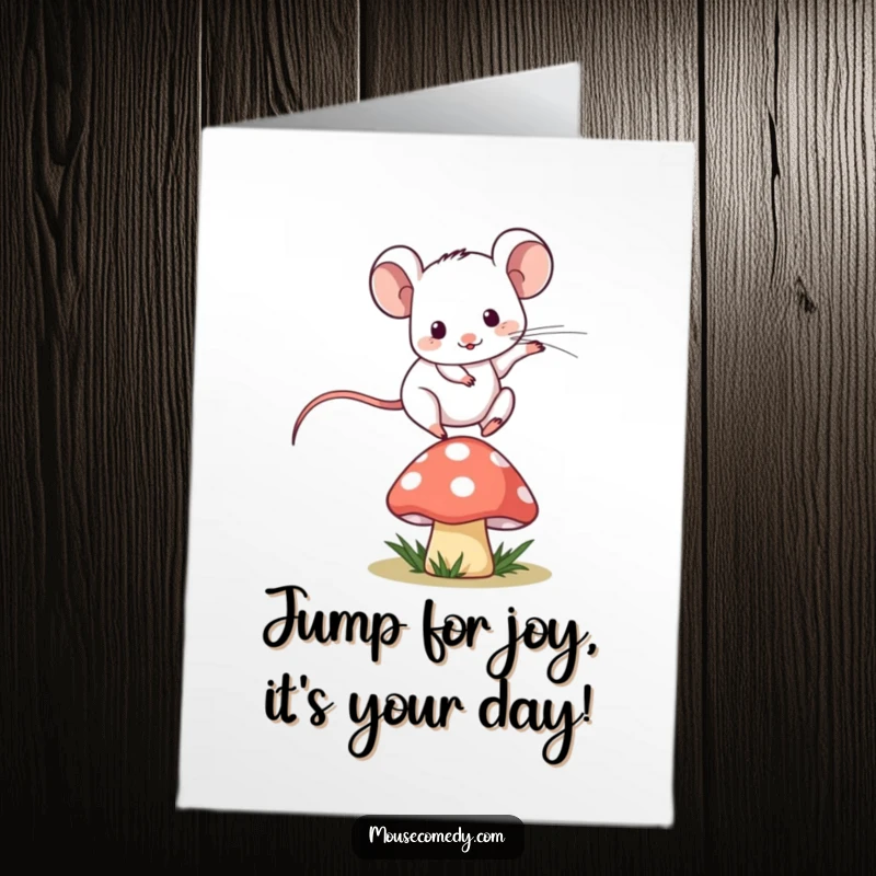 Funny free printable birthday card: A happy kawaii mouse playfully leaping over a small, stylized mushroom. So energetic!