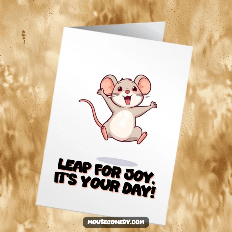 Funny Free Printable Birthday Card: A small mouse mid-leap, tail high in triumph, celebrating with pure glee.