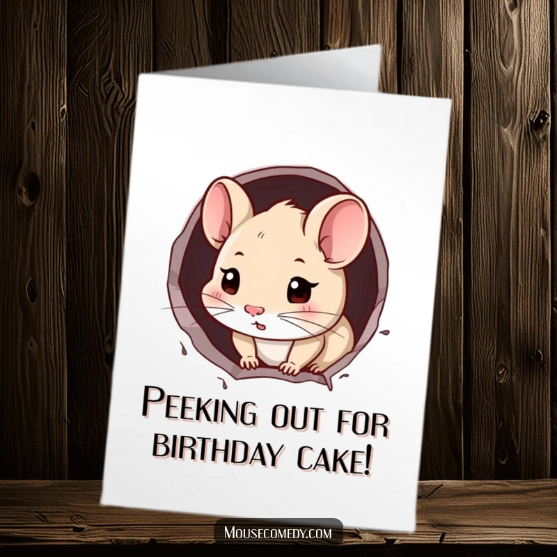 Funny Free Printable Birthday Card: A curious mouse peeks its head out from a tiny hole in the wall.