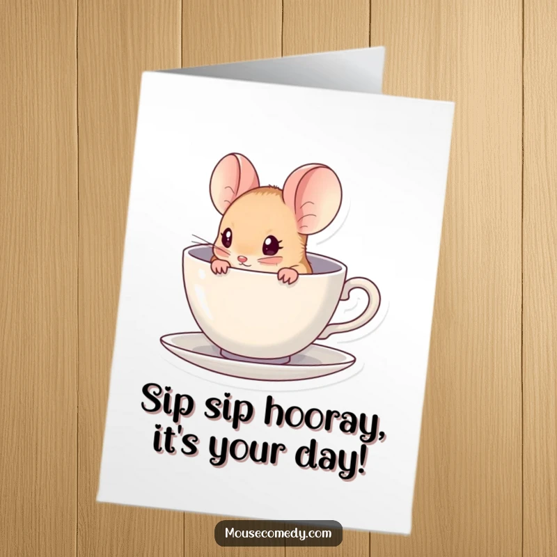 Funny free printable birthday card: A tiny kawaii mouse peeking over the rim of a miniature teacup. Surprise!