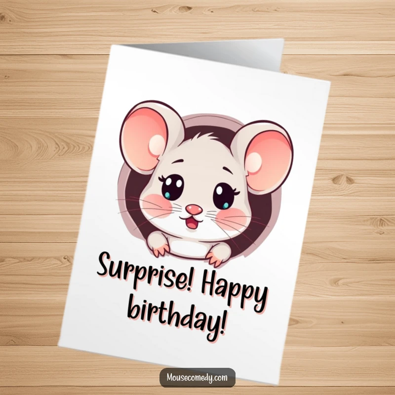Funny Free Printable Birthday Card: Kawaii mouse with a surprised expression, peeking from a tiny hole, wishing a happy surprise birthday.