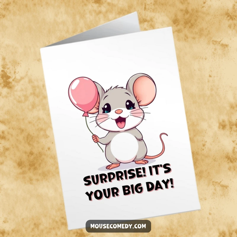 Funny Free Printable birthday card featuring a kawaii mouse with wide, surprised eyes, holding a ridiculously tiny balloon.
