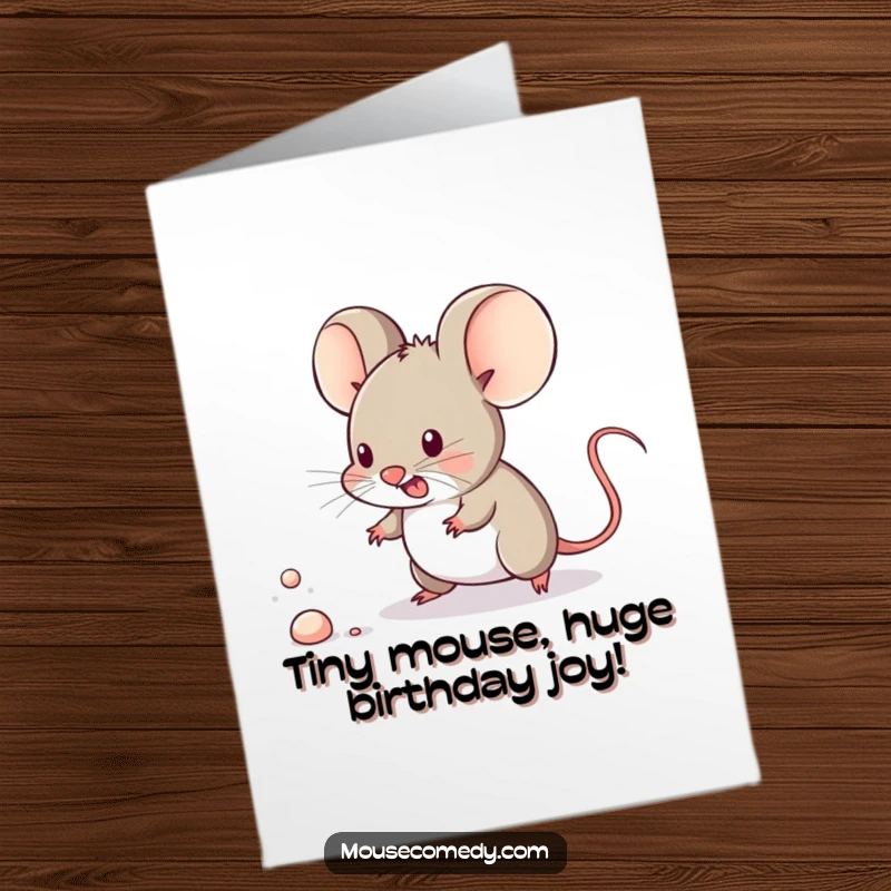 Funny free printable birthday card: Tiny kawaii mouse adorably chasing a microscopic speck of dust with gusto.