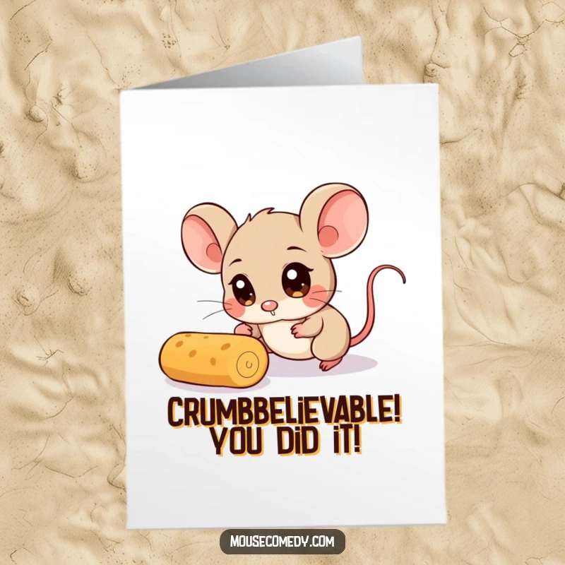 Funny Free Printable Congrats Card: A wide-eyed mouse comically chases a runaway crumb. Perfect downloadable prize.