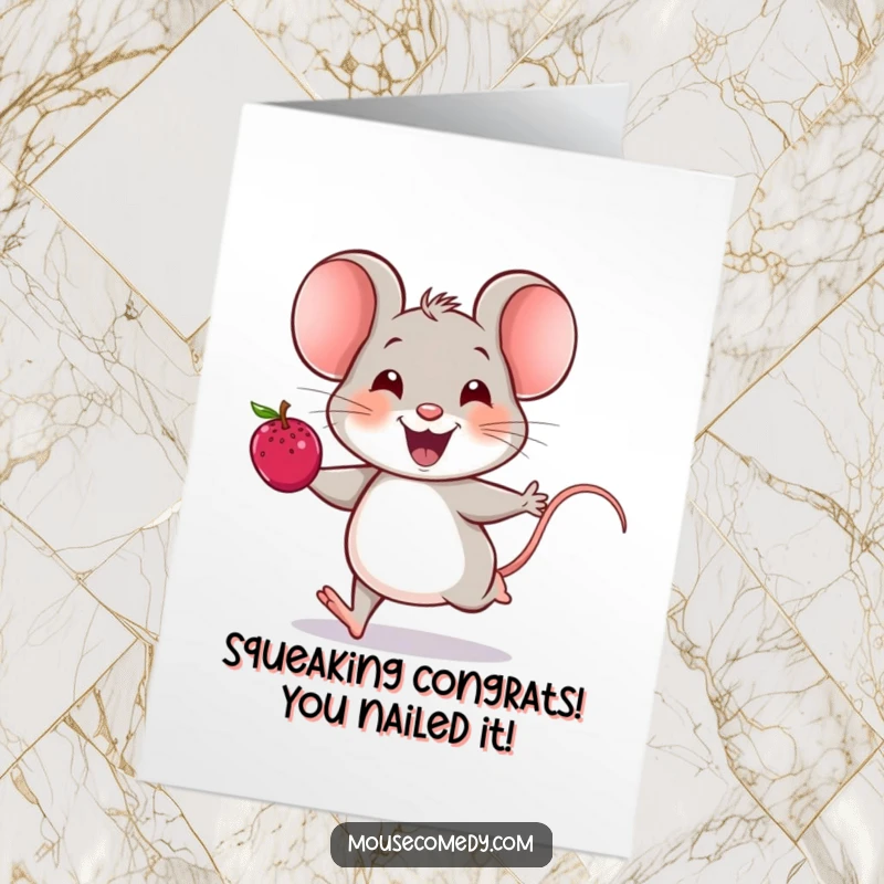 Funny Free Printable Congratulations Card: A cheerful mouse squeaks happily while running with a juicy berry to celebrate.