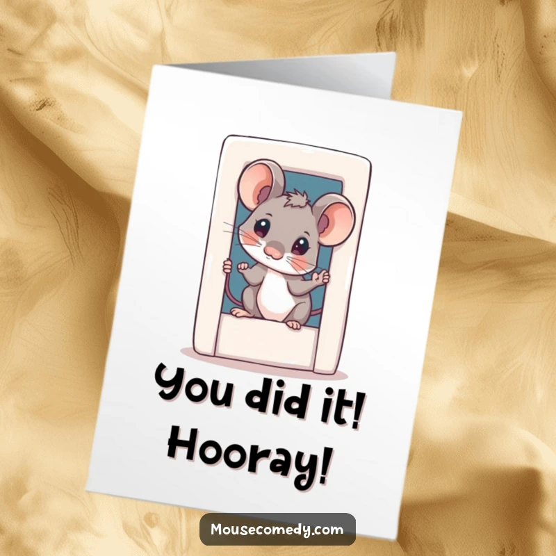 Funny Free Printable Congratulations Card: Curious mouse peeking from a tiny door, head tilted, celebrating your success.
