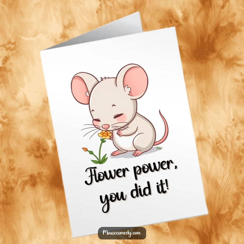 Funny Free Printable Congratulations Card: A sweet mouse with a pink nose, sniffing a small, colorful flower, radiating gentle curiosity.