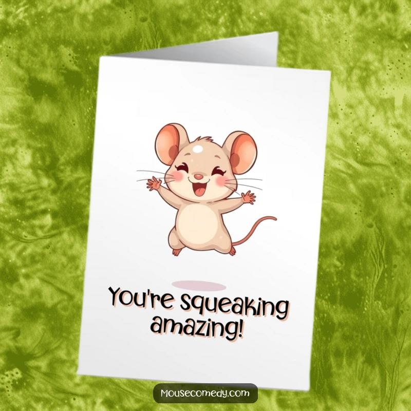 Funny Free Printable Congrats Card: An energetic tiny mouse makes a joyful leap, celebrating your amazing accomplishment.