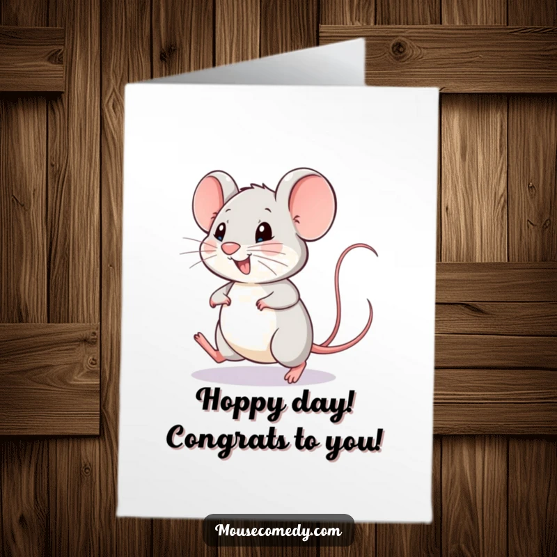 Funny Free Printable Congratulations Card: A joyful mouse hops with a happily wagging tail, celebrating a major success.