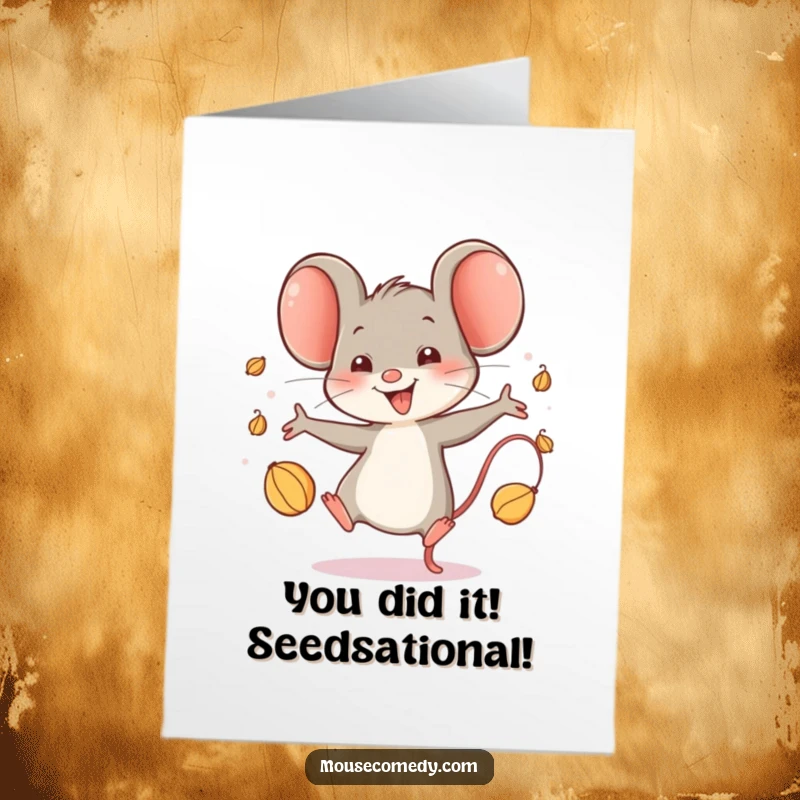 Funny Free Printable Congrats Card: A joyful mouse juggles seeds, celebrating your big win. Hilarious downloadable art.