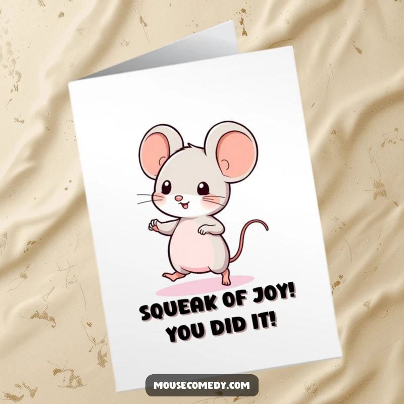 Funny Free Printable Congratulations Card: A kawaii mouse with large ears performs a lively, quick dance to celebrate your wonderful news.